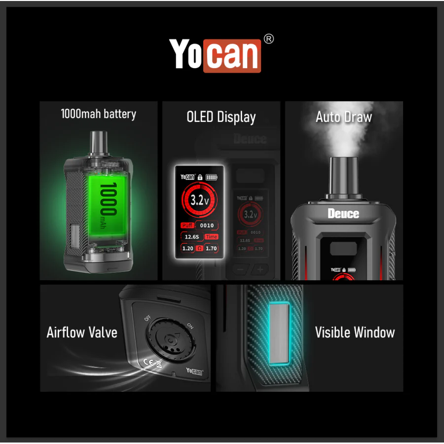 The Yocan Deuce 510 Thread Dual Cartridge Vape Battery is perfect for both beginners and advanced users with its automatic draw and customizable OLED display.